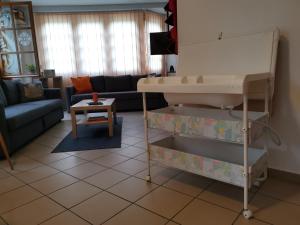 a living room with a couch and a table at Borálom Stúdió Apartman Tokaj in Tokaj
