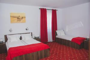錫比烏的住宿－Pensiunea Iliada，酒店客房,配有两张带红色床单的床