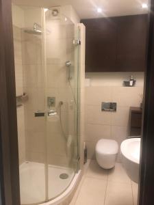 y baño con ducha, aseo y lavamanos. en Apartament Odkryta 36a, en Varsovia