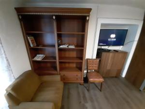 a living room with a couch and a book shelf at Dogs baronesse Pasja grofica Idrija in Idrija