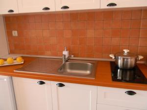 a kitchen with a sink and a pot on a stove at Villa Kostandin in Qeparo