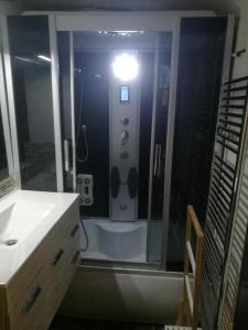 a bathroom with a shower with a light on it at Dogs baronesse Pasja grofica Idrija in Idrija
