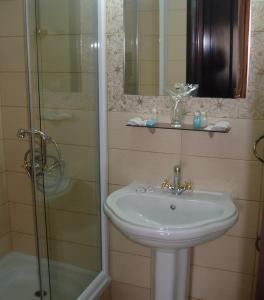 a bathroom with a sink and a shower at Villa & Winery Mal Sveti Kliment in Ohrid