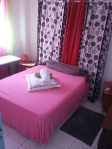 a pink bed with two pillows on top of it at Mapi des Iles - chambre chez l'habitant in Le Gosier