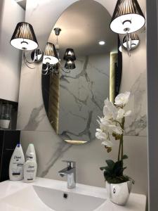 łazienka z umywalką i lustrem w obiekcie Family & Business Sauna Apartments Plac Wolności CENTRUM Downtow, - Piękny Apartament - 5 Bedroom with Private Sauna, Bath with Hydromassage, Parking, Catering Options w Kielcach +37 zdjęć