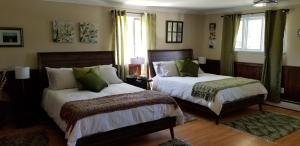 a bedroom with two beds and two windows at Trinity Guest House in Trinity