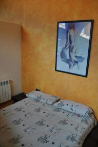 1 dormitorio con 1 cama con una foto en la pared en Can Taga Verd St Joan, en Sant Joan de les Abadesses