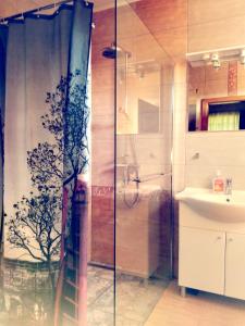 a bathroom with a shower and a sink at Guest House First Stop in Rakovica