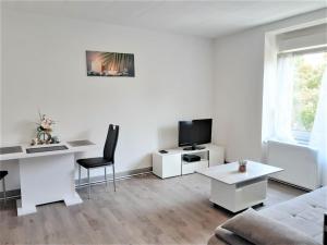 a living room with a couch and a desk and a tv at MyHome Basel RC44B in Saint-Louis