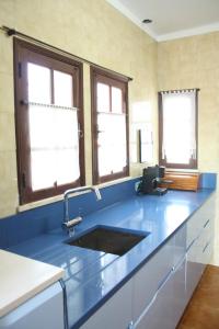カルヴォエイロにあるVilla Alvesのキッチン(シンク付きの青いカウンター付)