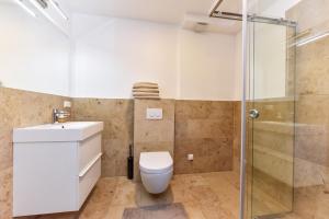 a bathroom with a toilet and a glass shower at Gėlių terasos - studija su balkonu in Juodkrantė