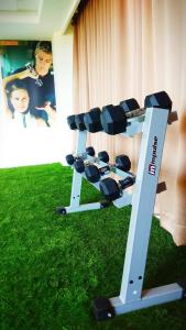 a rack of dumbbells in a yard at Hotel Smart City Park Inn in Tada