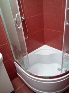 a shower with a white tub in a bathroom at Central Studio in Ternopilʼ