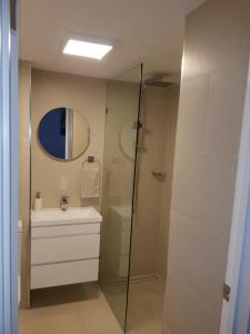 a bathroom with a shower and a sink and a mirror at North Adelaide Apartment in Adelaide