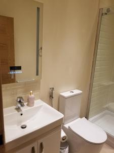 een badkamer met een wastafel, een toilet en een douche bij London Luxury Apartments 1min walk from Underground, with FREE PARKING FREE WIFI in Londen