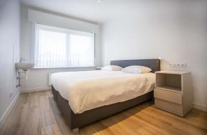 a bedroom with a large bed and a window at Huize Mamoesh in De Panne