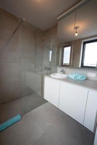 a bathroom with a glass shower and a sink at Design appartement Zeelaan Koksijde in Koksijde