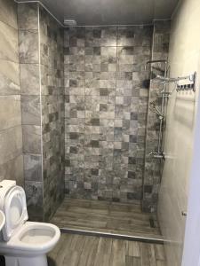 a bathroom with a shower with a toilet and a sink at Hotel FLEUR DE LIS in Gonio