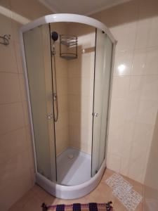 y baño con ducha y puerta de cristal. en Apartament Catia, en Călimăneşti