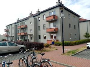 Un grupo de bicicletas estacionadas frente a un edificio. en Apartament na Kawiarach, en Gniezno
