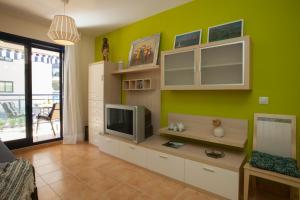 ein Wohnzimmer mit einem TV und einer grünen Wand in der Unterkunft SingularStays Moncofar Beach in Moncófa