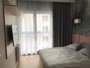 布羅德尼察的住宿－Apartament the Good Place，一间卧室设有一张床和一个大窗户