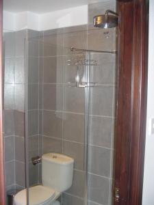 a bathroom with a toilet and a glass shower at Aaron Glen Apartments in Edinburgh