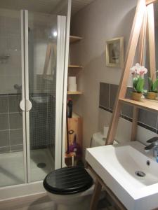 ein Bad mit einer Dusche, einem WC und einem Waschbecken in der Unterkunft Les Bruns in Les Thuiles
