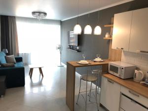 a kitchen and living room with a microwave on a counter at Apartment on Bratskaya 6 in Minsk