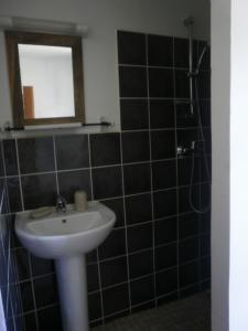 La salle de bains est pourvue d'un lavabo et d'une douche. dans l'établissement Gîte Belle Valette, à Prads-Haute-Bléone