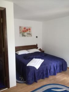 a bedroom with a bed with a blue comforter at PEL FLORA in Bran +3 photos