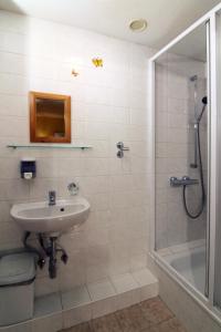 La salle de bains est pourvue d'un lavabo et d'une douche. dans l'établissement Penzion Na Kopečku, à Velké Karlovice