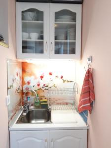 eine Küche mit einem Waschbecken und weißen Schränken in der Unterkunft Малко oазисче in Sofia