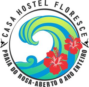 un logo per fiori tropicali e un'onda di CasaHostel Floresce a Praia do Rosa