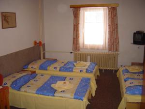 two beds in a small room with a window at Penzion Pstruh in Stožec