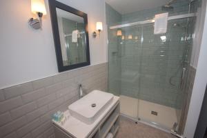 a bathroom with a sink and a shower with a mirror at Seaclusion Luxury Guest Accommodation in Waterville