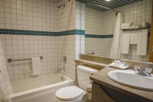 a white toilet sitting next to a bath tub in a bathroom at Hotel Le Montagnais in Saguenay