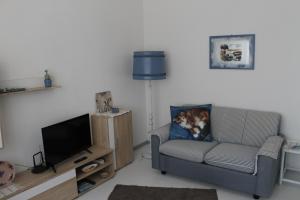 a living room with a chair and a television at casa vacanza Due Elle - Casa Alice in Trieste