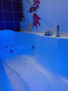 y baño con bañera con luces azules. en Le Carré d'Alethius Logis Hôtel Restaurant, en Charmes-sur-Rhône