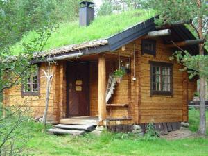 uma cabana de madeira com telhado de relva em Engholm Husky Design Lodge em Karasjok