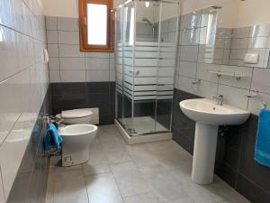 un bagno con wc, lavandino e doccia di Binja Fortuna a Àrbatax Altre 37 foto