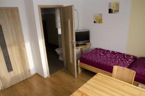 a small room with a bed and a toilet at Ubytování Bor in Bor