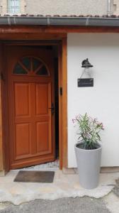 a door of a house with a potted plant next to it at Maison Centre Ville Parking privé in Ax-les-Thermes