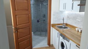 uma casa de banho com um chuveiro e um lavatório. em suit cihangir em Istambul