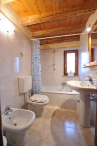 a bathroom with a sink and a toilet and a tub at Family Apartments Le Chalet in Champoluc
