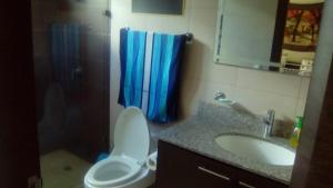 y baño con aseo, lavabo y ducha. en Carolina Family Suite, en Quito