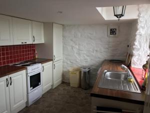 uma pequena cozinha com um lavatório e um fogão em Johnny Joe's em Achill