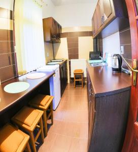 - une petite cuisine avec un comptoir et des chaises dans l'établissement CENTRAL APARTMAN, à Gheorgheni