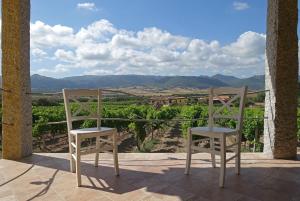 two chairs sitting on a patio with a view of a vineyard at Agriturismo Campesi casale tra le vigne in Aglientu