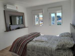 a bedroom with a bed and a tv and windows at Apartamento Santa Ana in São Joaquim